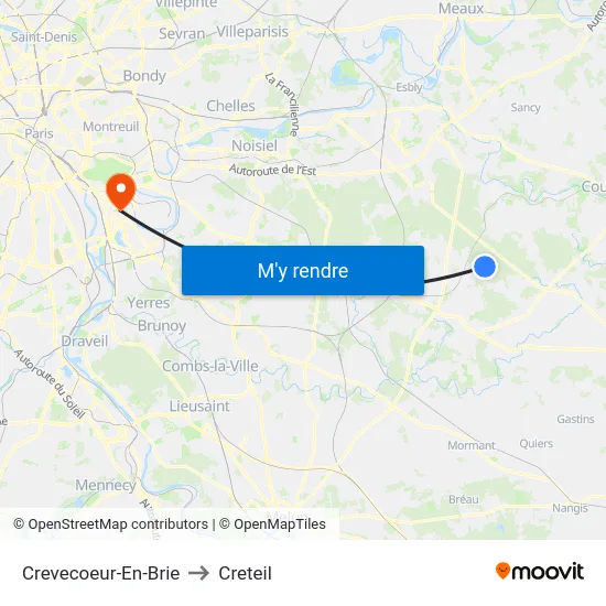 Crevecoeur-En-Brie to Creteil map