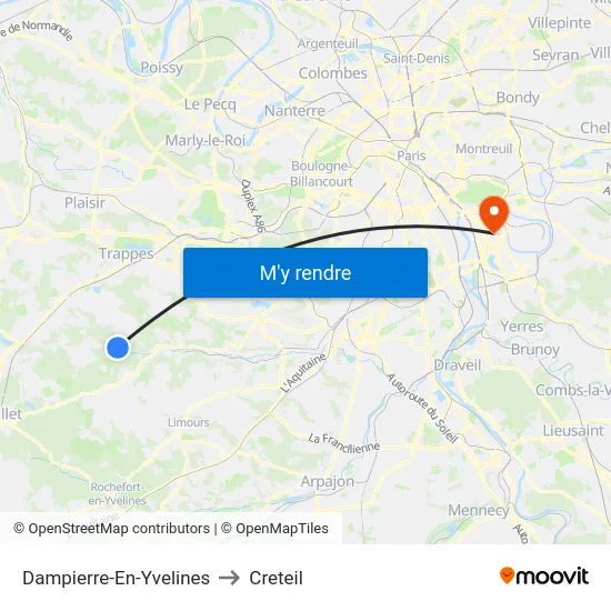 Dampierre-En-Yvelines to Creteil map