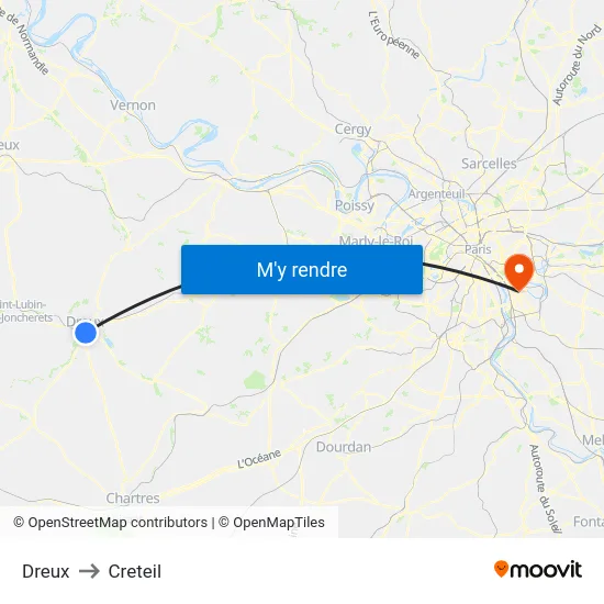 Dreux to Creteil map