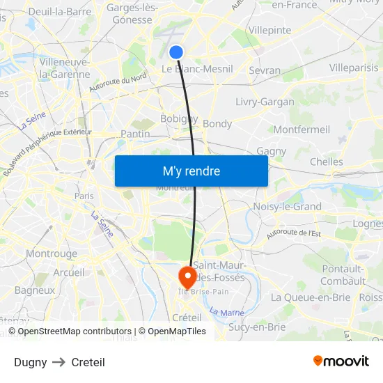 Dugny to Creteil map