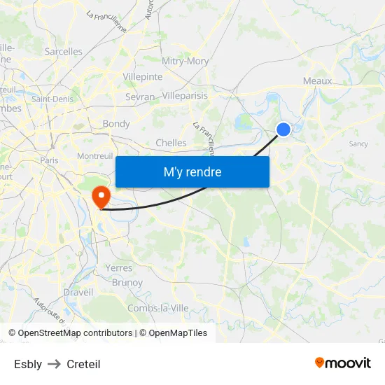 Esbly to Creteil map