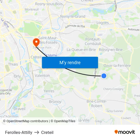 Ferolles-Attilly to Creteil map