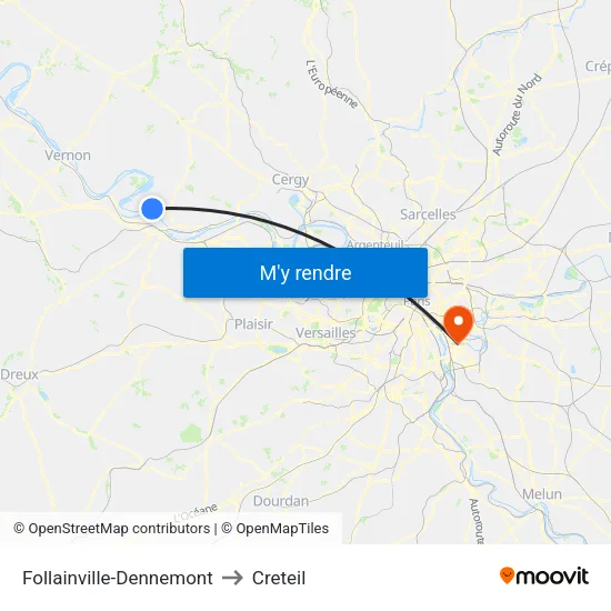 Follainville-Dennemont to Creteil map