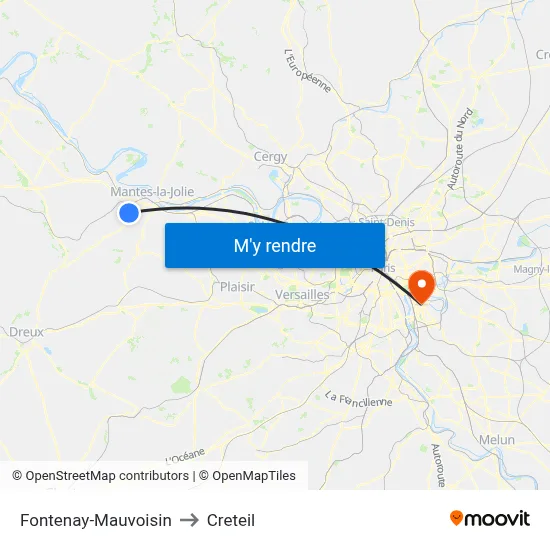 Fontenay-Mauvoisin to Creteil map