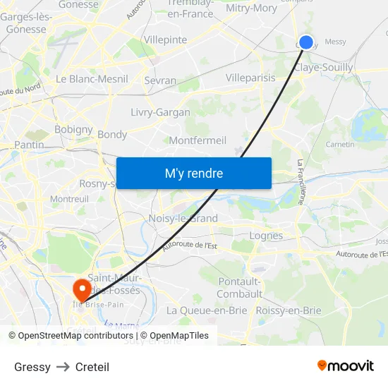 Gressy to Creteil map