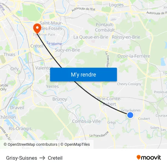 Grisy-Suisnes to Creteil map