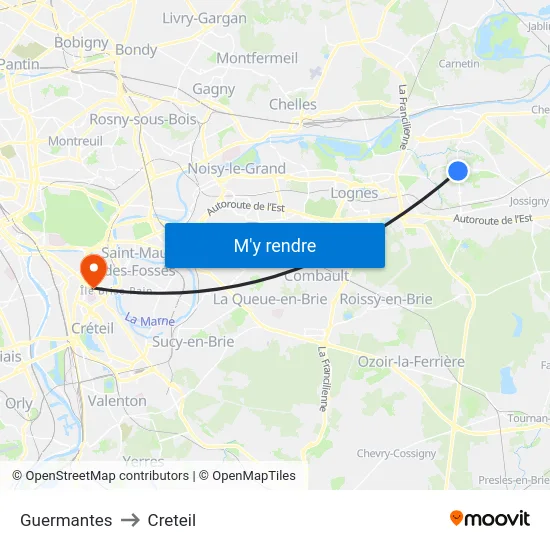 Guermantes to Creteil map