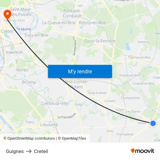 Guignes to Creteil map