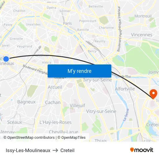 Issy-Les-Moulineaux to Creteil map