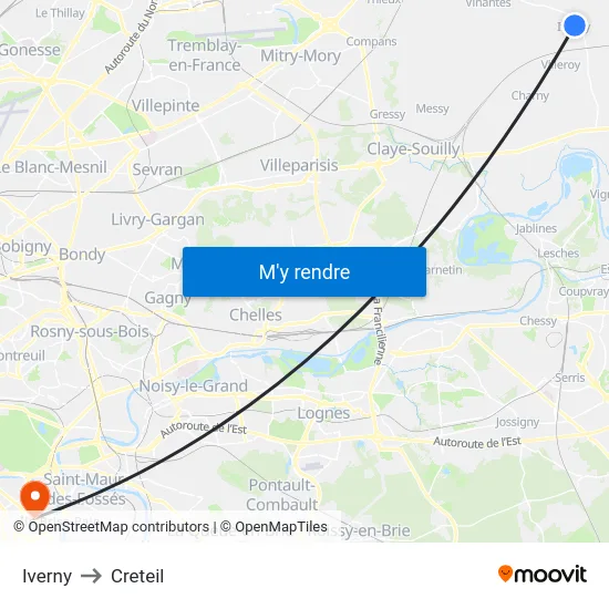 Iverny to Creteil map
