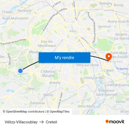 Vélizy-Villacoublay to Creteil map