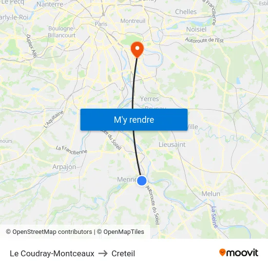 Le Coudray-Montceaux to Creteil map
