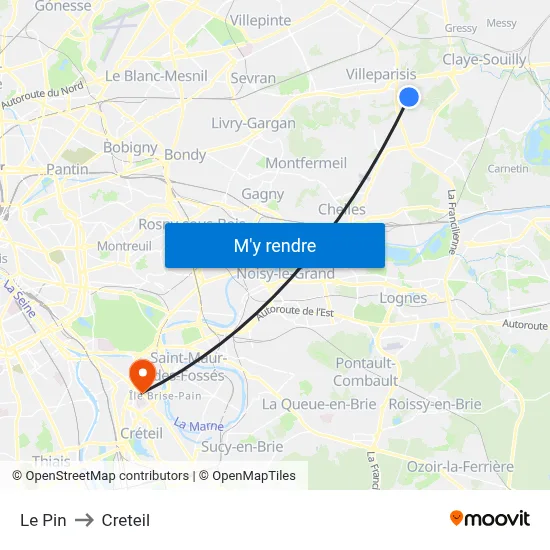 Le Pin to Creteil map
