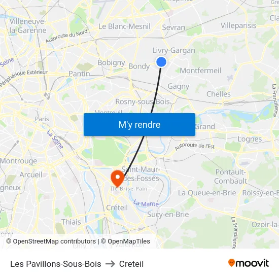 Les Pavillons-Sous-Bois to Creteil map
