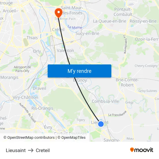 Lieusaint to Creteil map