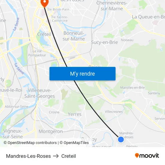 Mandres-Les-Roses to Creteil map
