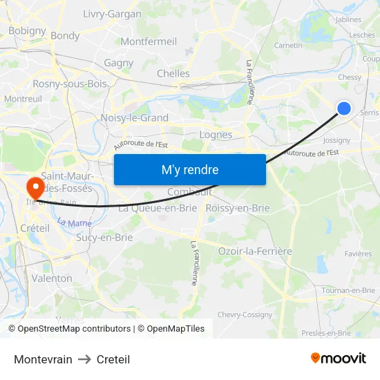 Montevrain to Creteil map