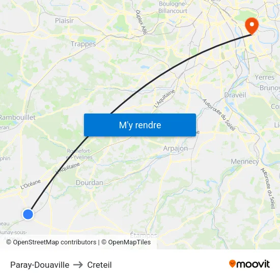 Paray-Douaville to Creteil map