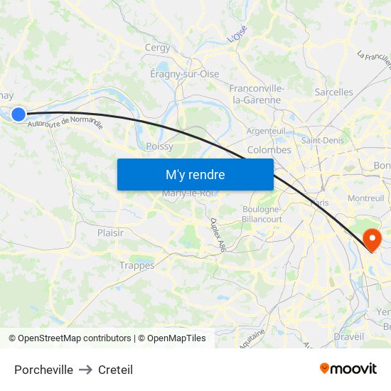 Porcheville to Creteil map