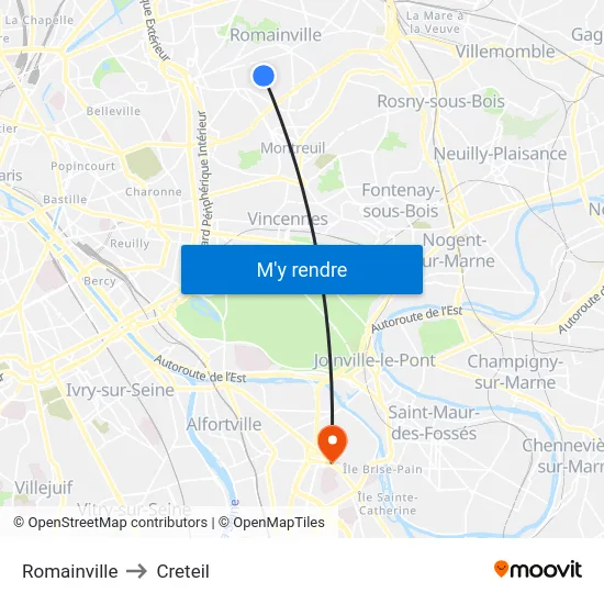 Romainville to Creteil map