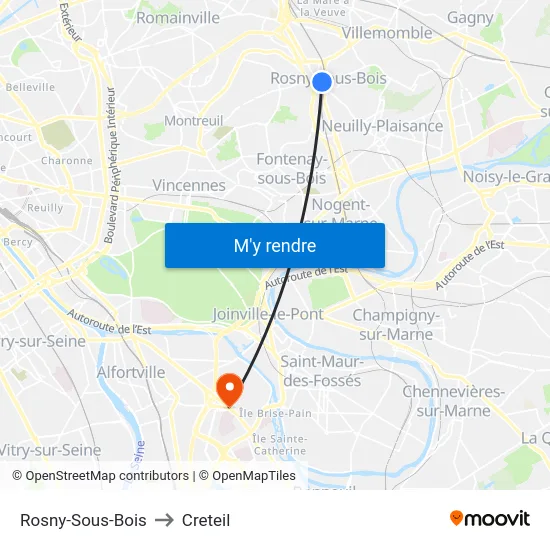 Rosny-Sous-Bois to Creteil map