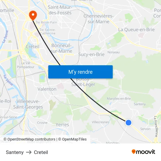 Santeny to Creteil map