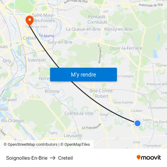 Soignolles-En-Brie to Creteil map