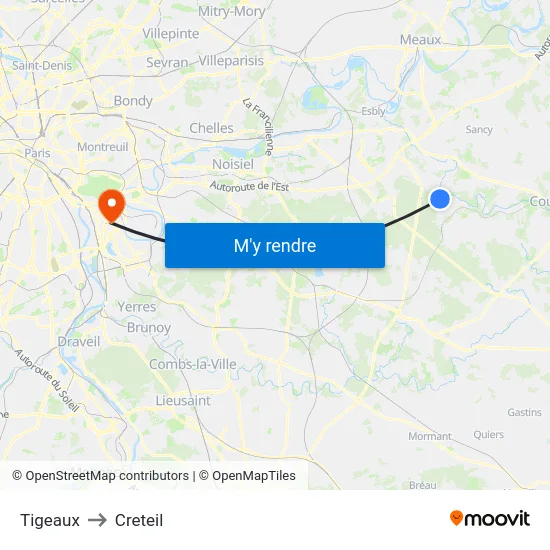 Tigeaux to Creteil map