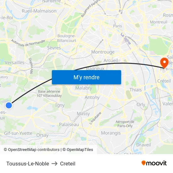 Toussus-Le-Noble to Creteil map