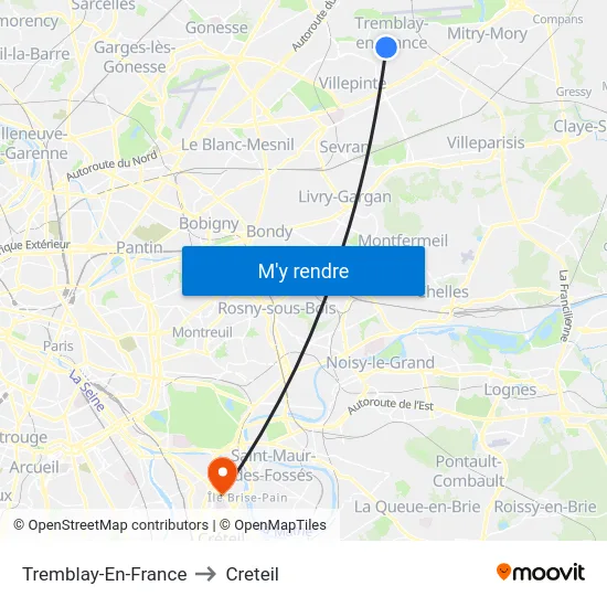 Tremblay-En-France to Creteil map