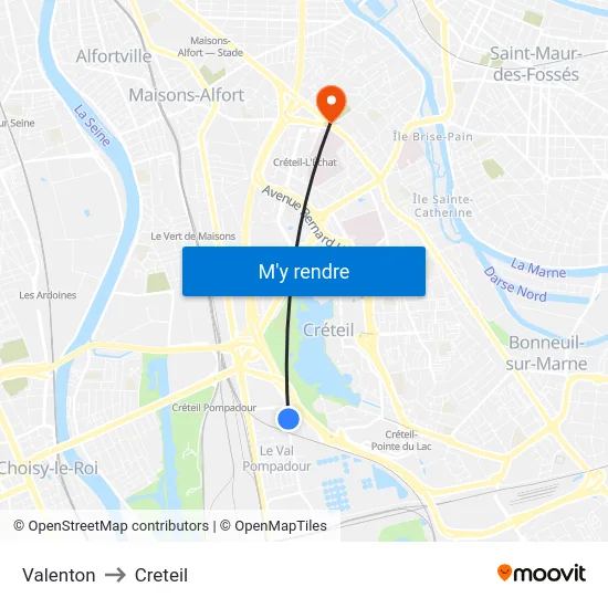 Valenton to Creteil map