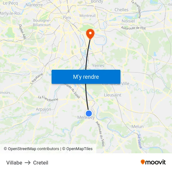 Villabe to Creteil map