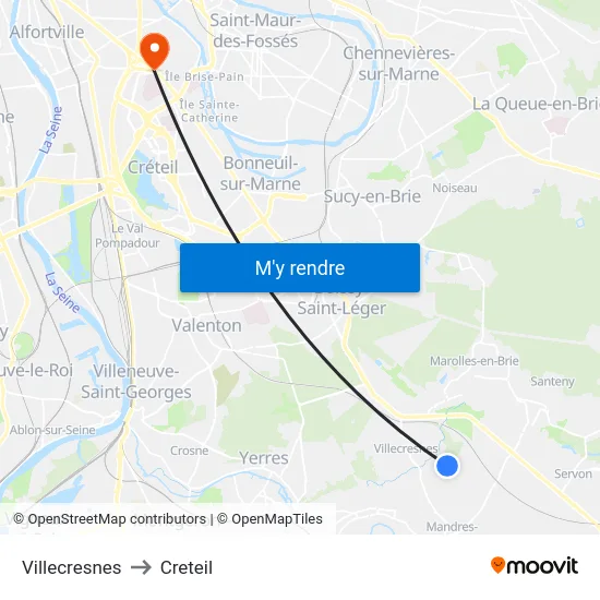 Villecresnes to Creteil map