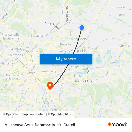 Villeneuve-Sous-Dammartin to Creteil map