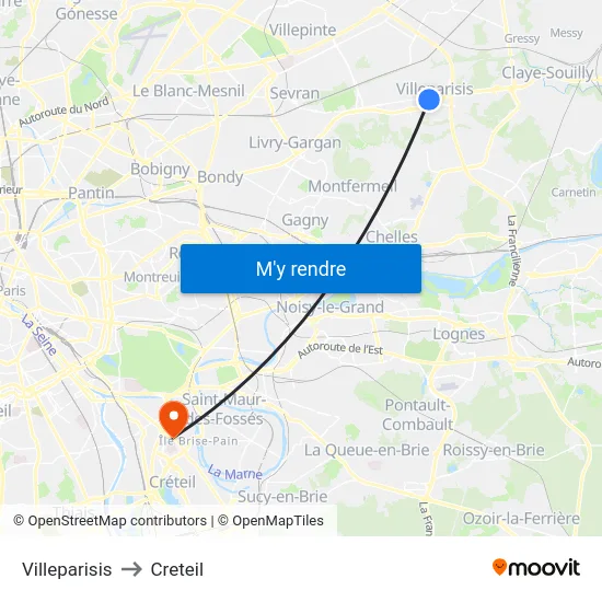 Villeparisis to Creteil map