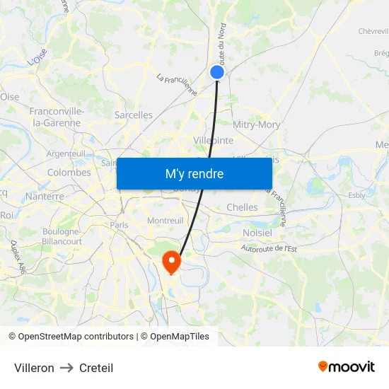 Villeron to Creteil map