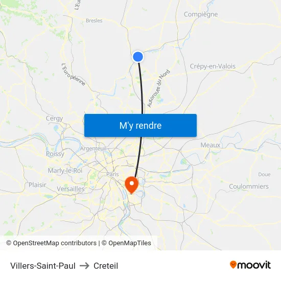 Villers-Saint-Paul to Creteil map