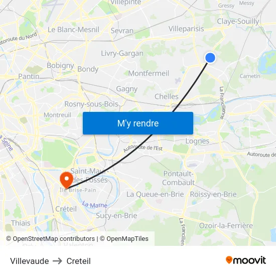 Villevaude to Creteil map