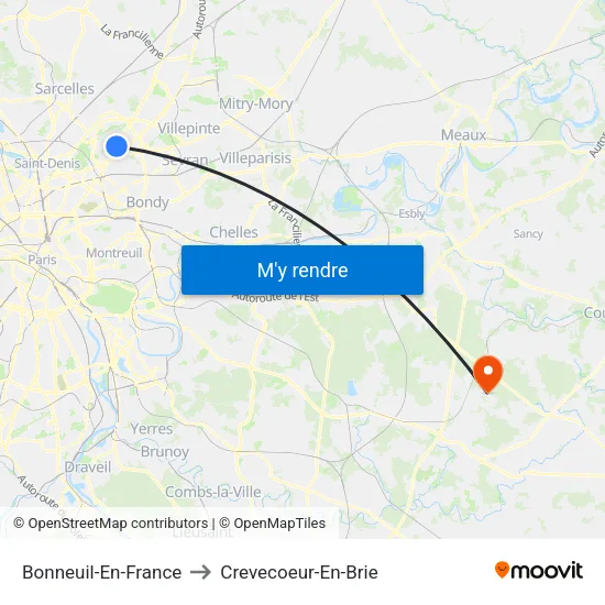 Bonneuil-En-France to Crevecoeur-En-Brie map