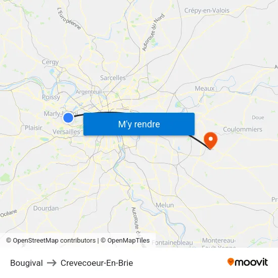 Bougival to Crevecoeur-En-Brie map