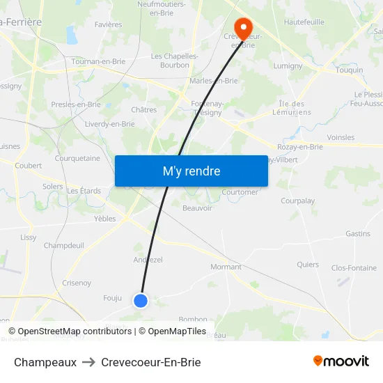 Champeaux to Crevecoeur-En-Brie map