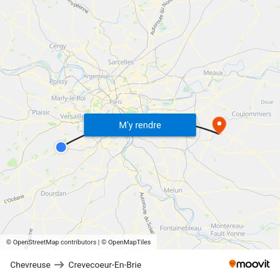 Chevreuse to Crevecoeur-En-Brie map