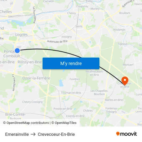 Emerainville to Crevecoeur-En-Brie map
