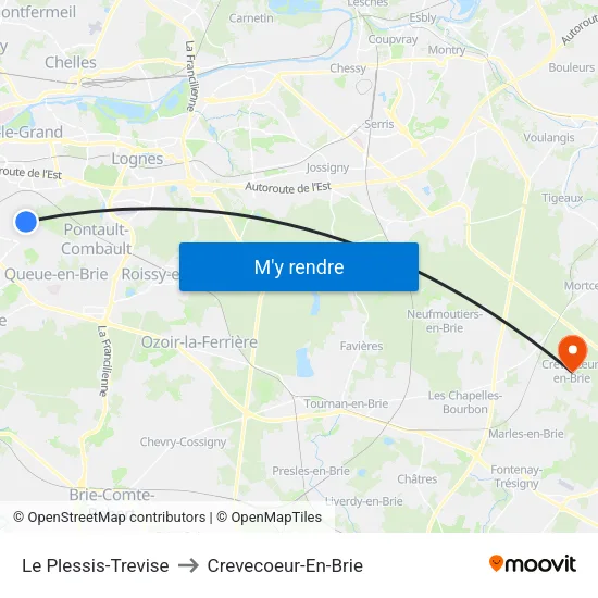 Le Plessis-Trevise to Crevecoeur-En-Brie map
