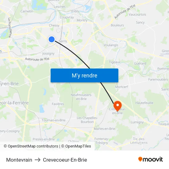 Montevrain to Crevecoeur-En-Brie map