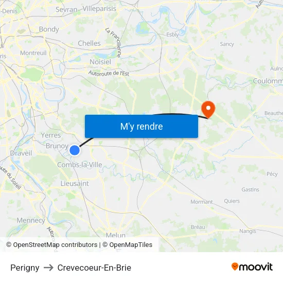 Perigny to Crevecoeur-En-Brie map