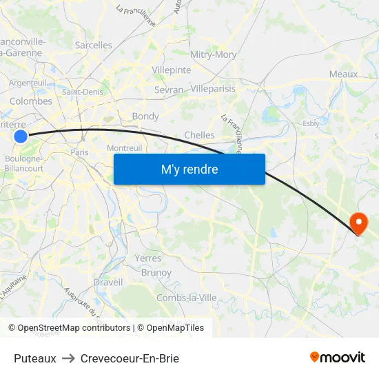 Puteaux to Crevecoeur-En-Brie map