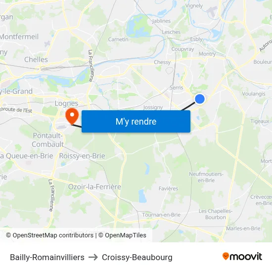 Bailly-Romainvilliers to Croissy-Beaubourg map