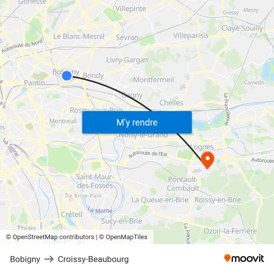 Bobigny to Croissy-Beaubourg map
