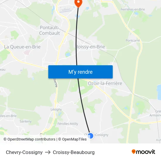 Chevry-Cossigny to Croissy-Beaubourg map